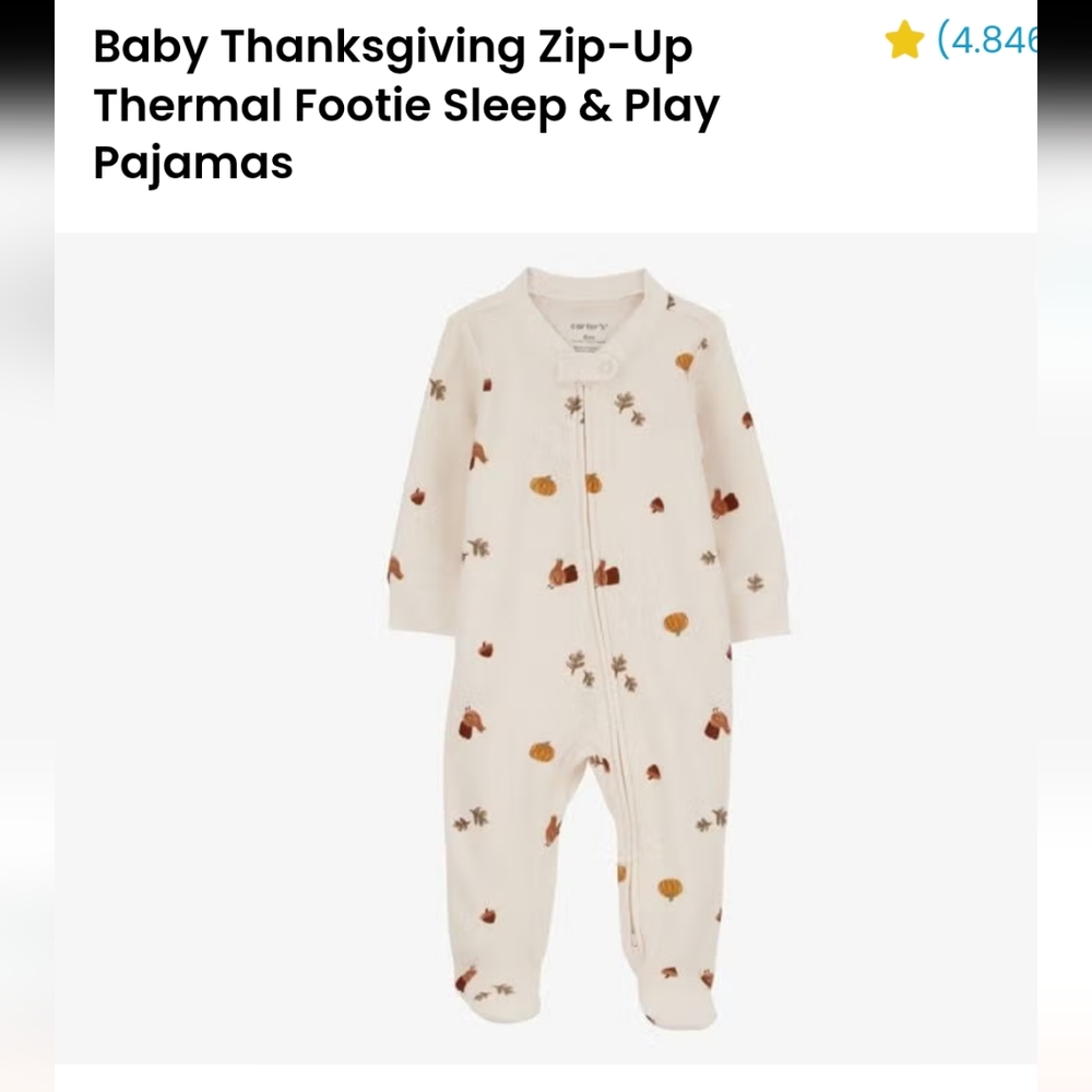Baby Thanksgiving Zip Up Thermal Footie Sleep/Play Pajamas Size 9m New withTags